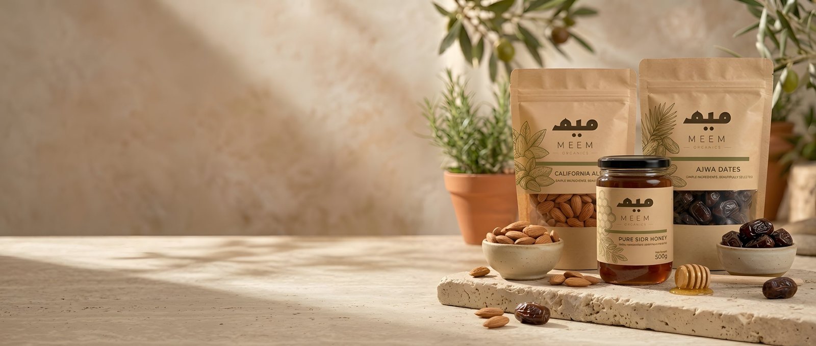 Meem Organics California almonds, Ajwa dates and Sidr honey on a travertine stone ledge